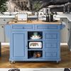 K&K kitchen cart with Rubber wood desktop rolling mobile kitchen island with storage and 5 draws 53 Inch width (Blue)