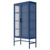 Double Glass Door Storage Cabinet with Adjustable Shelves and Feet Cold-Rolled Steel Sideboard Furniture for Living Room Kitchen Blue