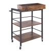 Tray Top Wooden Kitchen Cart with 2 Shelves and Casters; Brown and Black