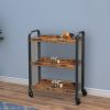 3 Tier Wood and Metal Kitchen Cart with Mesh Side Panel; Brown and Black