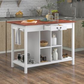 TOPMAX Farmhouse Stationary Wood Dining Table Drop Leaf Kitchen Island with Storage Shelves; Dark Walnut+White