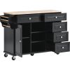 K&K kitchen cart with Rubber wood desktop rolling mobile kitchen island with storage and 5 draws 53 Inch width (Black)