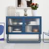 Double Glass Door Storage Cabinet with Adjustable Shelf U-Shaped Leg Cold-Rolled Steel Sideboard Furniture for Living Room Kitchen Blue