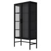 Double Glass Door Storage Cabinet with Adjustable Shelves and Feet Cold-Rolled Steel Sideboard Furniture for Living Room Kitchen Black