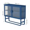 Double Glass Door Storage Cabinet with Adjustable Shelf U-Shaped Leg Cold-Rolled Steel Sideboard Furniture for Living Room Kitchen Blue