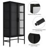 Double Glass Door Storage Cabinet with Adjustable Shelves and Feet Cold-Rolled Steel Sideboard Furniture for Living Room Kitchen Black