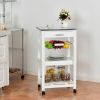 Rolling Kitchen Trolley Cart Steel White Top Removable Tray W/Storage Basket &Drawers