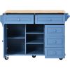 K&K kitchen cart with Rubber wood desktop rolling mobile kitchen island with storage and 5 draws 53 Inch width (Blue)