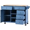 K&K kitchen cart with Rubber wood desktop rolling mobile kitchen island with storage and 5 draws 53 Inch width (Blue)