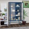 Double Glass Door Storage Cabinet with Adjustable Shelves and Feet Cold-Rolled Steel Sideboard Furniture for Living Room Kitchen Blue