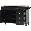 K&K kitchen cart with Rubber wood desktop rolling mobile kitchen island with storage and 5 draws 53 Inch width (Black)