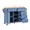 K&K kitchen cart with Rubber wood desktop rolling mobile kitchen island with storage and 5 draws 53 Inch width (Blue)